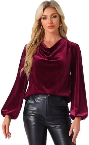 Allegra K Vintage Velvet Top for Women's Christmas Cowl Neck Oversized Lantern Sleeve Casual Blou... | Amazon (US)