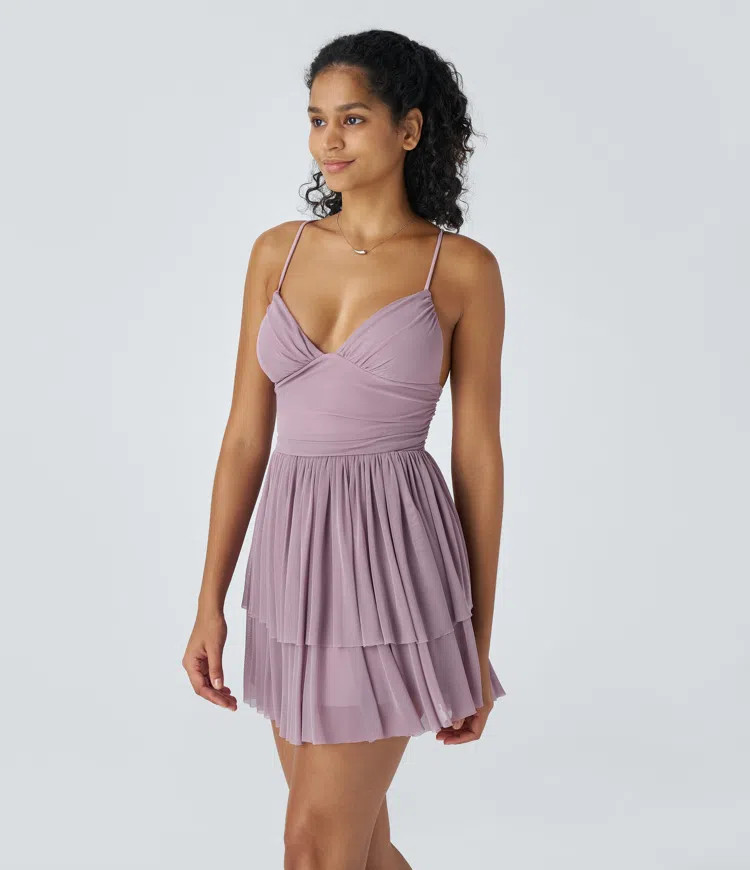 Women’s Backless Crisscross Lace Up Mesh Layered Mini Party Dress - Halara | HALARA