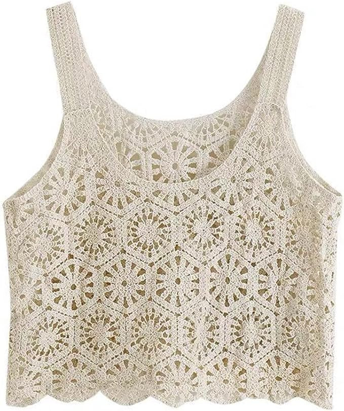 (One Size/Suitable for Height 155-160)、Women Crochet Cropped Tank Tops, Boho Hollow Out Floral ... | Amazon (US)