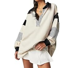 Ugerlov Women's Oversized Sweatshirt Lapel Collared V Neck Polo Shirts Pullover Color Block Strip... | Amazon (US)