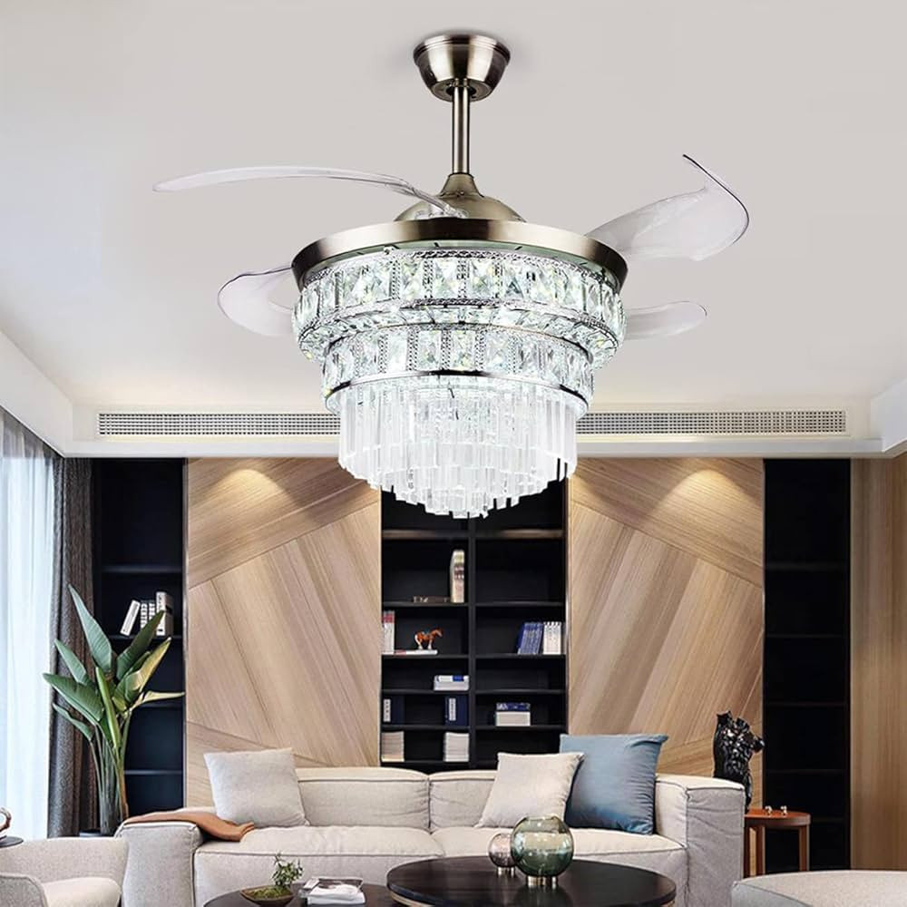 PDLT Home 42' Fandelier Ceiling Fan Chandelier with Remote, Modern Silver 4-Layer Crystal Retract... | Amazon (US)