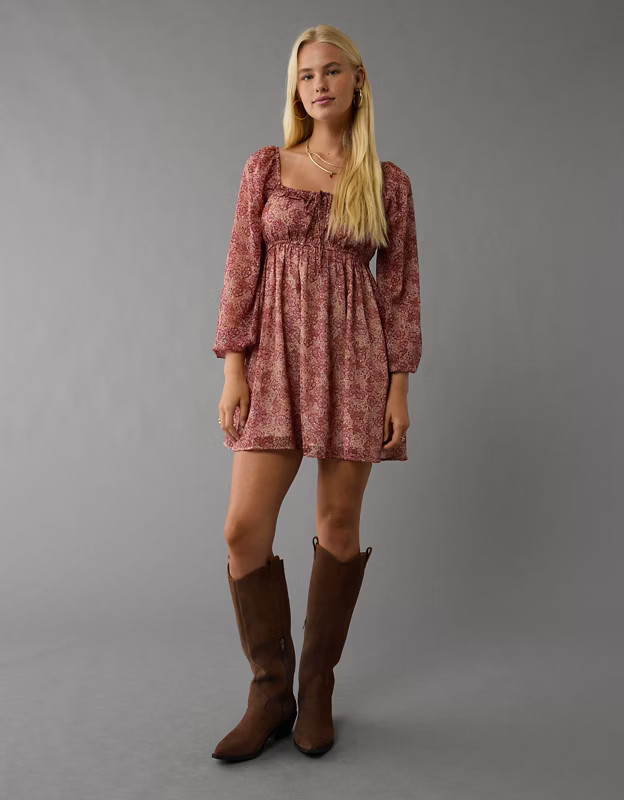 AE Long-Sleeve Chiffon Babydoll Mini Dress | American Eagle Outfitters (US & CA)