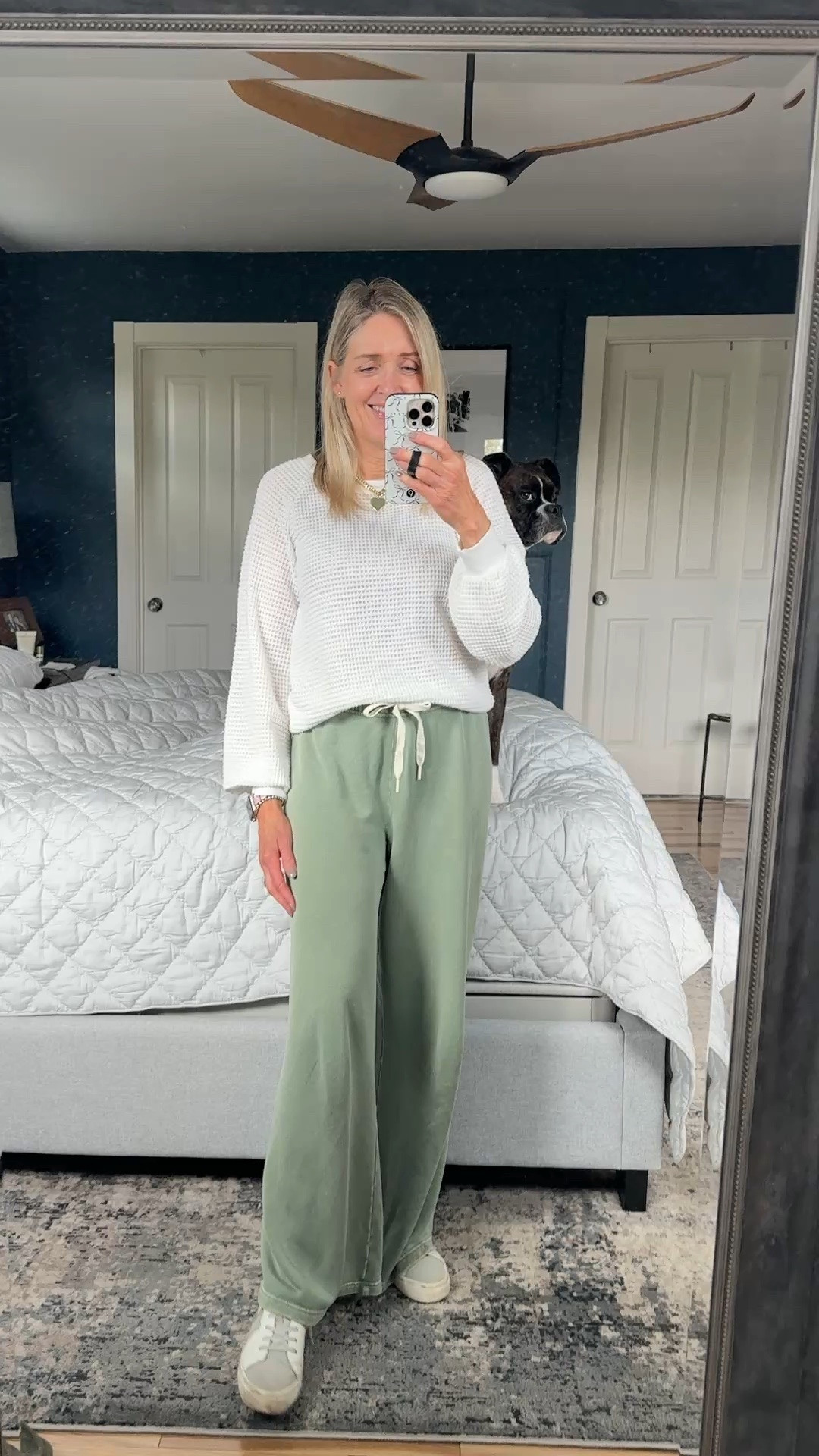 These @Aerie  wide leg drawstring pants are so soft and comfy! Perfect for working from
home. Size XS. @Gibsonlook open weave sweater size XS. 

Athleisure outfit, Aerie spring arrivals, cozy chic, affordable style, style over 40, style over 50, spring outfits 2026, spring transition outfits, work from home outfits

#LTKootd #LTKOver40 #LTKgrwm