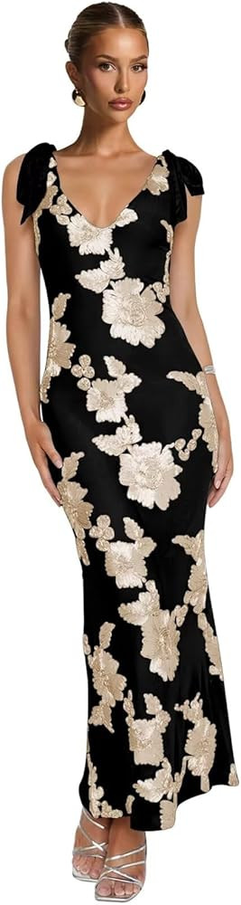 Floral Prom Dresses for Women Long V Neck Mermaid Formal Evening Dress with Bow | Amazon (US)