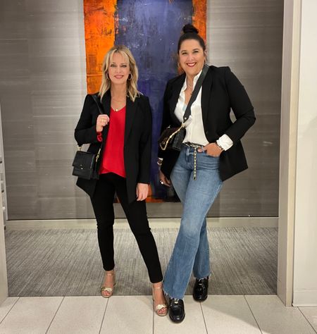 She’s tall. I’m petite. We can both wear this classic black blazer from Theory. I styled mine with a cherry, red blouse and black skinny jeans, a Gucci gold sandal. She went with jeans, a button up, heeled loafers, and Givenchy handbag.

#LTKmidsize #LTKstyletip #LTKover40