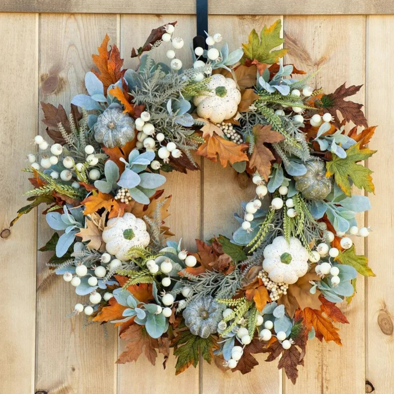 18 inch Summer Wreath -Pumpkin and Maple Leaf Wreath with Greeen Berry for Front Door Hanging Wal... | Walmart (US)