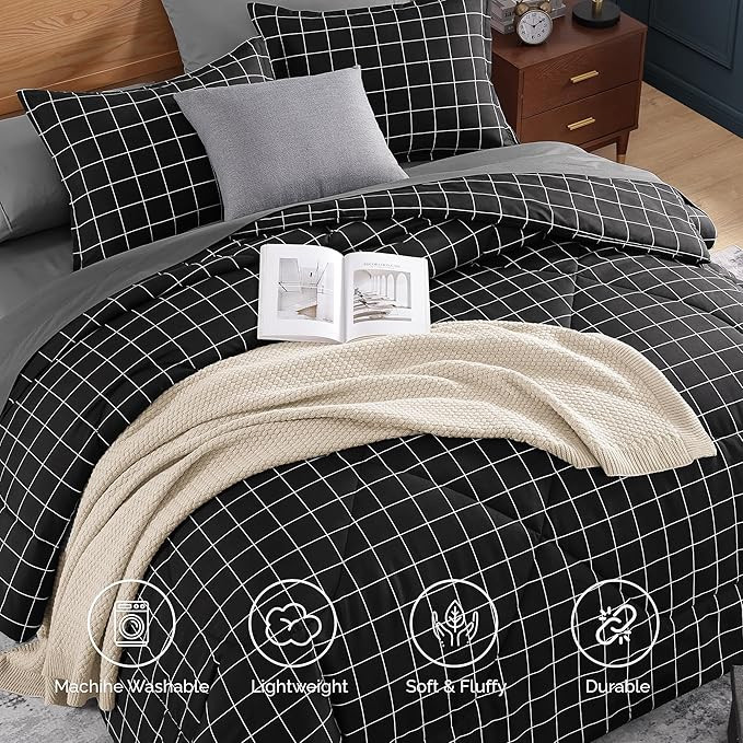 Andency Black Grid Comforter Set Twin Size (66x90 Inch), 2 Pieces(1 Grid Comforter and 1 Pillowca... | Amazon (US)