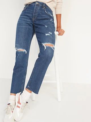 High-Waisted Button-Fly Slouchy Straight Ripped Cut-Off Jeans | Old Navy (US)