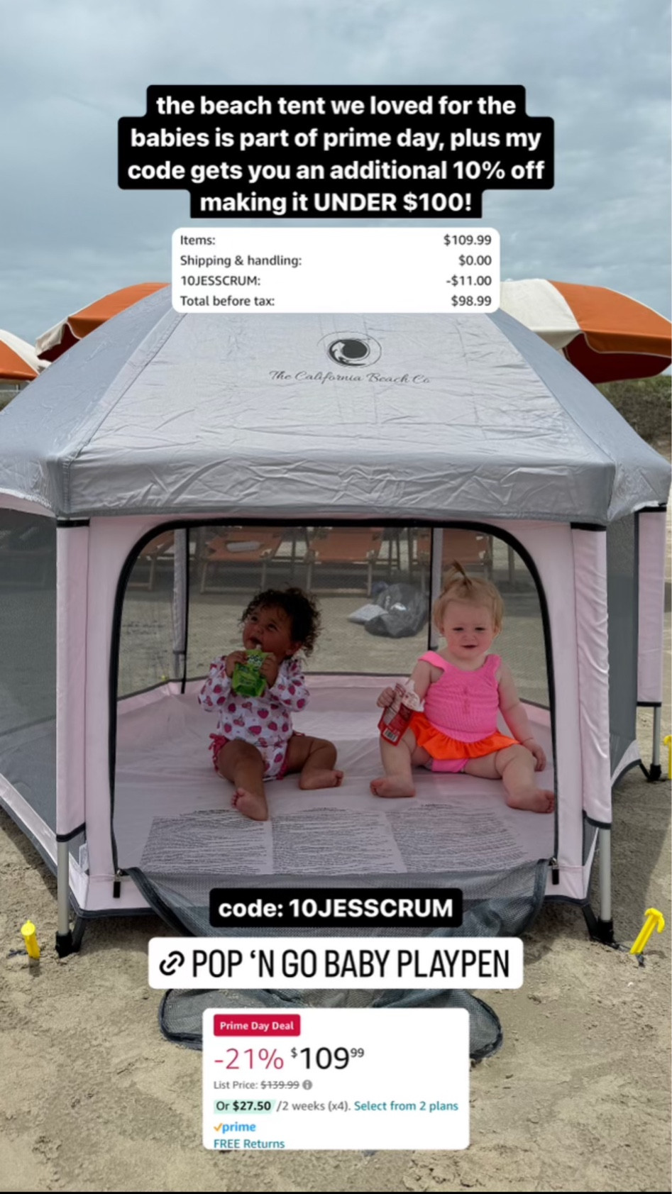 LOVE this baby beach tent! Use my code 10JESSCRUM to get it under $100!

Prime days, amazon prime, amazon baby 

#LTKSaleAlert #LTKBaby #LTKFamily