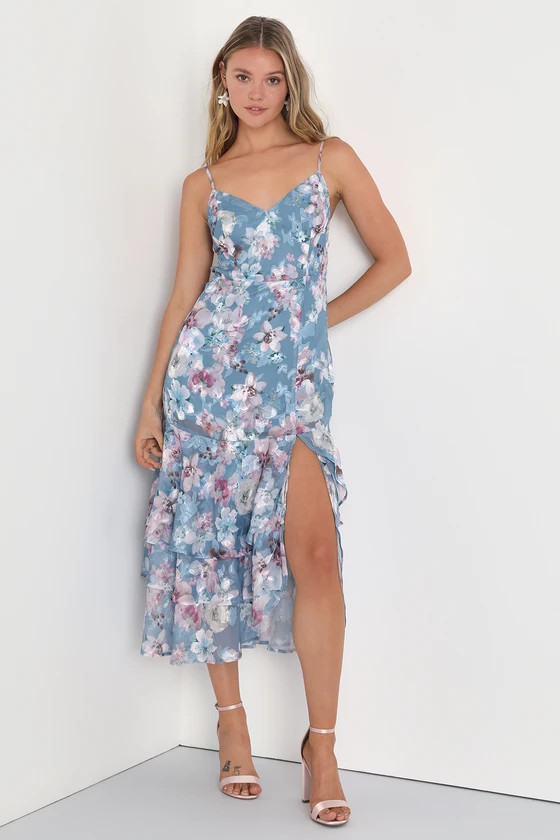 Pretty Delight Light Blue Floral Jacquard Tiered Midi Dress | Lulus (US)
