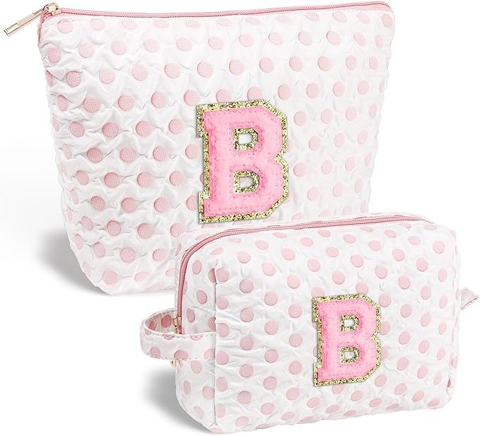Cute Makeup Bag for Women - Personalized Pink White Initial Cosmetic Travel Bag for Women, Gifts ... | Amazon (US)
