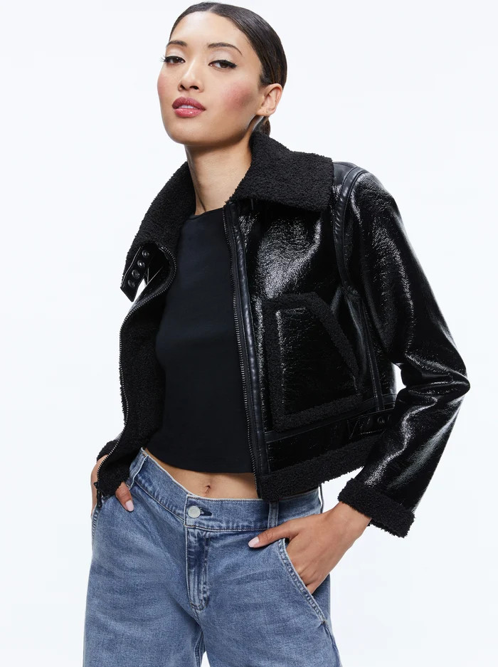 ISAIAH VEGAN LEATHER FAUX SHEARLING CROPPED JACKET | Alice + Olivia