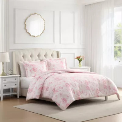Laura Ashley Anja Textured Toile Cotton Comforter Set, Pink, Full/Queen | Belk