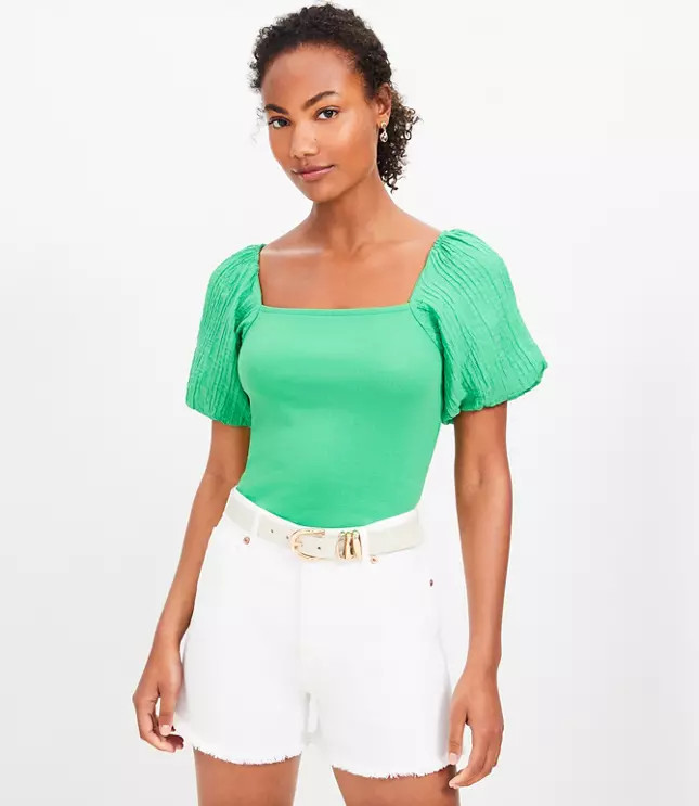 Tie Back Bubble Sleeve Mixed Media Top | LOFT