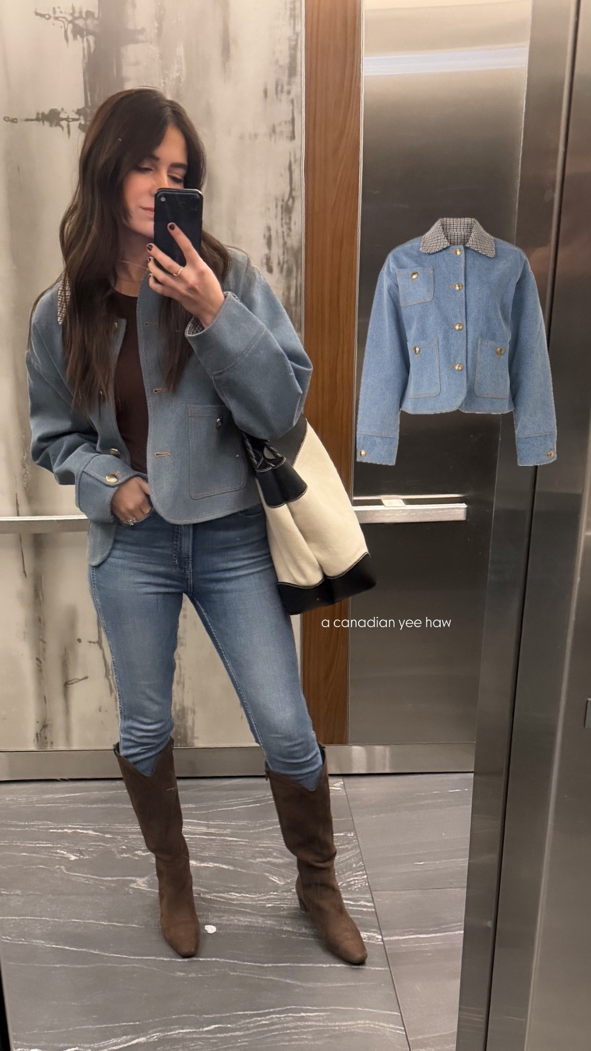 Denim outfit, Canadian tuxedo, Sandro denim jacket, gap jean, brown boots, chocolate brown boots, work jacket, shacket, denim jacket 

#LTKWorkwear #LTKSaleAlert #LTKootd