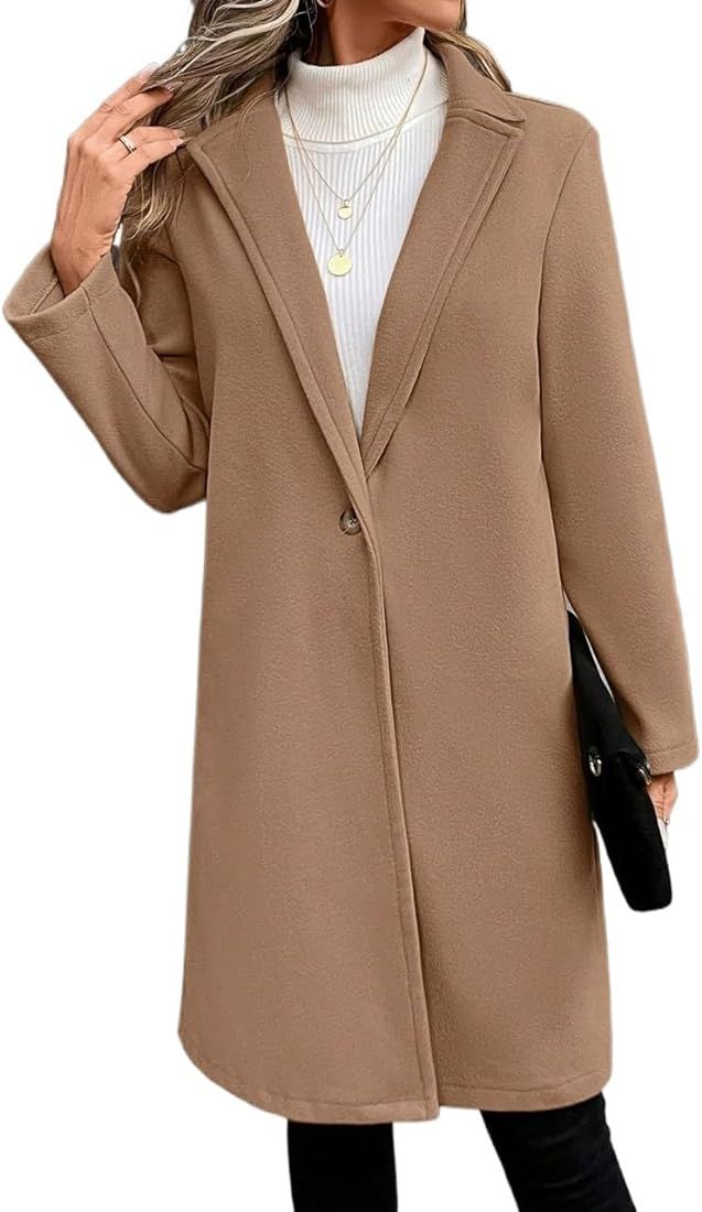 KAKIGO Women's 2023 Winter Wool Coat Overcoat Lapel Neck Single Breasted Long Sleeve Overcoat | Amazon (US)