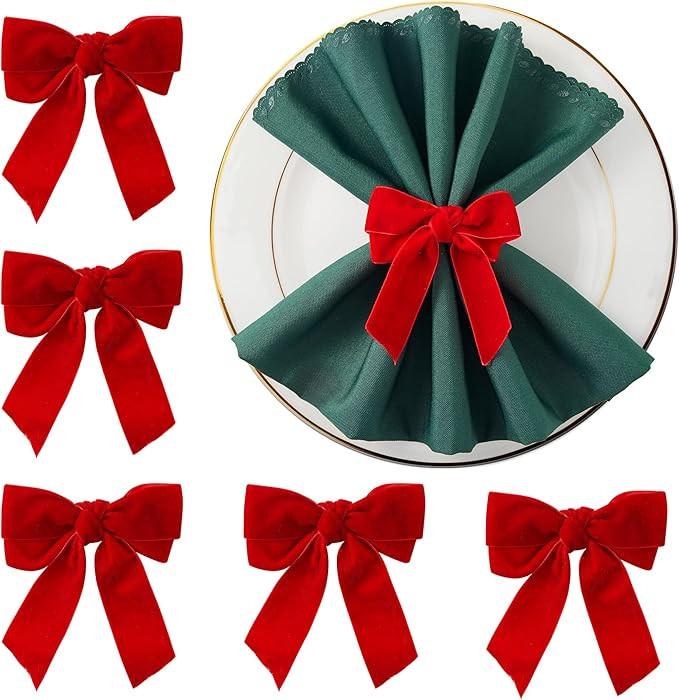 APTWOW Christmas Napkin Rings Set of 6 - Red Bow Velvet Napkin Holders, Chic Xmas Holiday Napkin ... | Amazon (US)