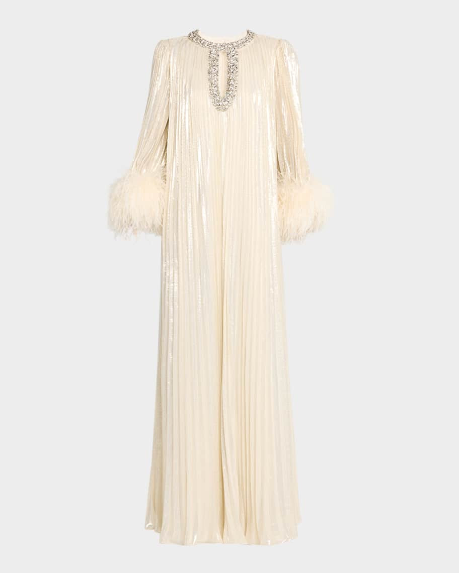 Self-Portrait Pleated Metallic Feather-Cuff Maxi Dress | Neiman Marcus