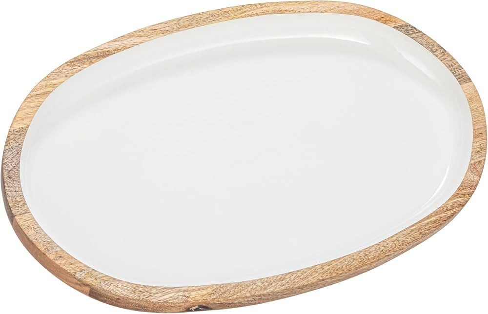 Creative Co-Op Oval Enameled Mango Wood Tray, White and Natural | Amazon (US)