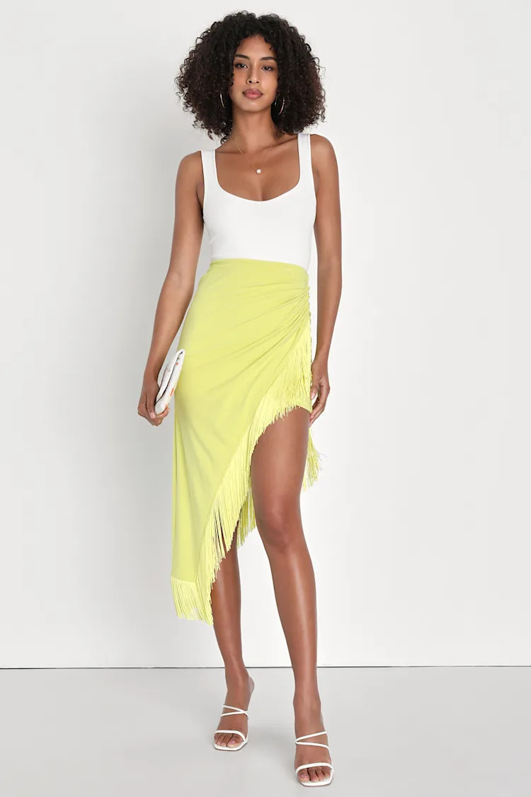 Festive Flirt Line Green Ruched Fringe Midi Skirt | Lulus (US)