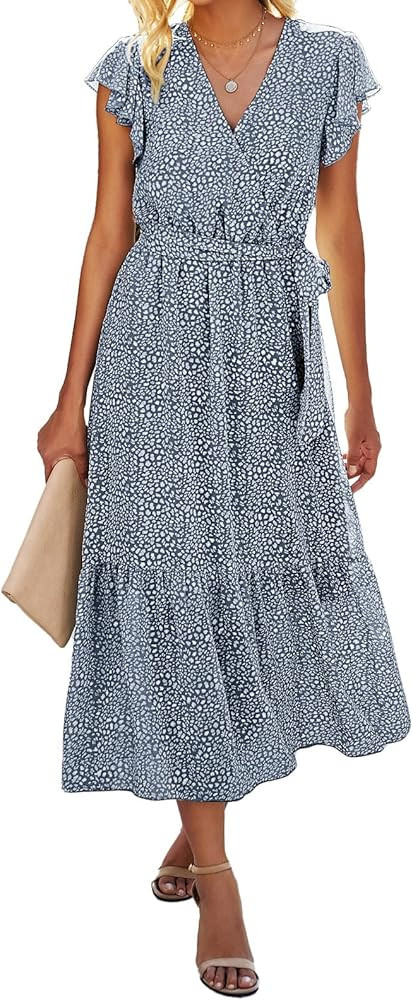 BTFBM Women Summer Bohemian Floral Casual Wrap V Neck Ruffle Cap Sleeveless Belt A-Line Pleated H... | Amazon (US)