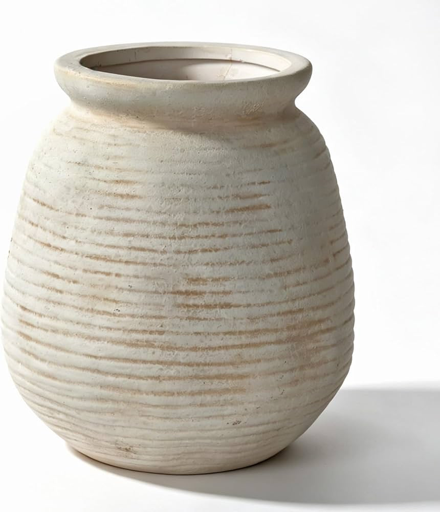 Rustic Terracotta Pot, 7 Inch Short Farmhouse Vase with Weathered Texture Off-White, Boho Home De... | Amazon (US)