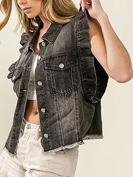 Women's Distressed Ruffled Sleeveless Denim Vest Button Down Frayed Hem Jean Jacket Turn Down Col... | Amazon (US)
