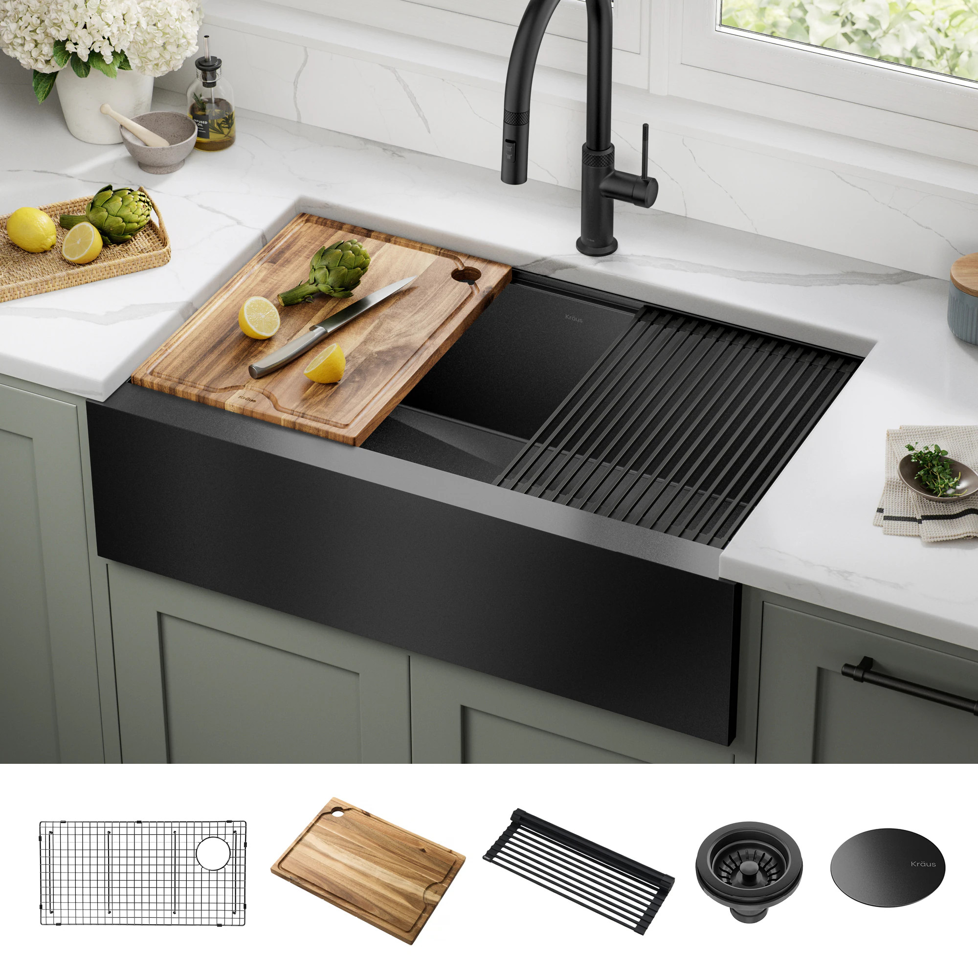 Kraus Kore Farmhouse apron front 32.88-in x 20.25-in Stainless steel Single bowl 16 -Gauge Workst... | Lowe's