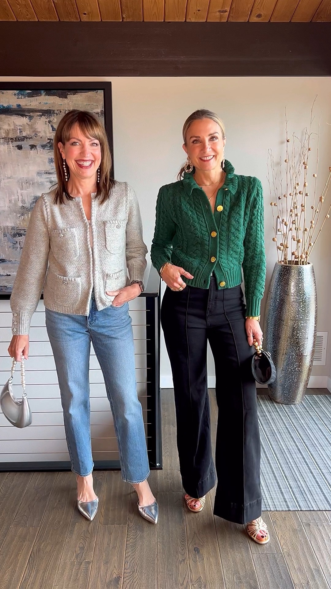 Hottest holiday sweater trend: cute cardigans & chic lady jackets!🫶🏼 Create easy festive style with our go-to elevated casual formula: a cool pair of denim, sparkly earrings & metallic heels!🌟 Highly recommend our jeans—Krista’s straight leg style goes with every shoe style and my trouser jean is incredibly flattering & comfortable! 

Both sweaters & jeans are on sale & available in other colors (the green is sadly sold out🙁). Wearing xs in sweaters and jeans fit TTS. 
HOW TO SHOP:
1️⃣Comment LINKS & well sent outfit links to your DM
2️⃣Click link in bio to shop our looks on the @shop.ltk app or our website, Lastseenwearing.com
3️⃣Watch our stories for links for the next 24 hrs!🛍️

Jcrew, holiday outfit, party outfit, office party, office outfit, winter outfit, workwear, slingback heel, silver heel, quiet luxury 

#LTKover40 #LTKsalealert #LTKHoliday