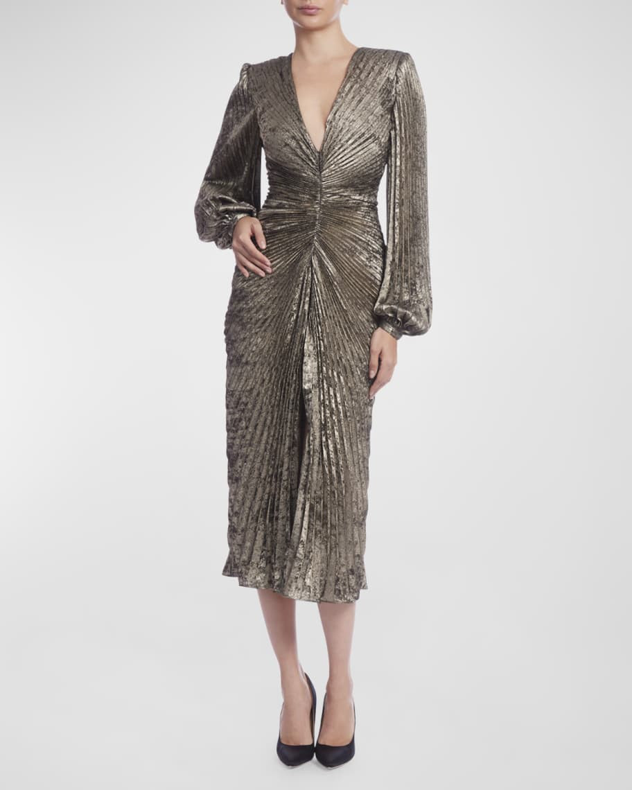 Badgley Mischka Collection Pleated Metallic Blouson-Sleeve Midi Dress | Neiman Marcus