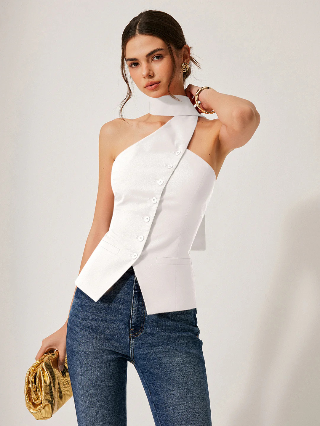 Cotton & Linen Halter Top With Decor Pockets | Commense