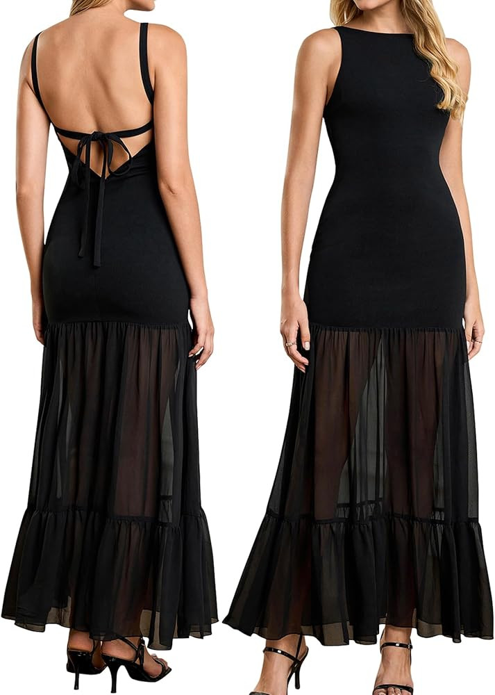 HTZMO Women Elegant Formal Bodycon Maxi Dress Sexy Backless Bow Tie Ruffle Flowy Wedding Guest Pa... | Amazon (US)