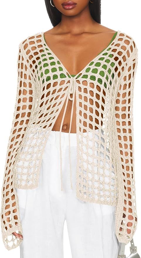 Saodimallsu Womens Long Sleeve Swimsuit Coverup Crochet Hollow Out Tie Front Swim Cover Up Knit C... | Amazon (US)