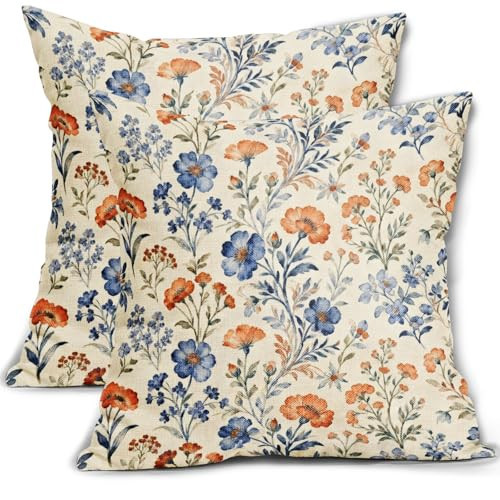 Blue Orange Floral Pillow Covers 16x16 Inch Set of 2 Fall Colored Vintage Flowers Autumn Thanksgiving Decorative Throw Pillowcases Holiday Farmhouse Outdoor Cushion Cases Decor for Sofa Couch Bed | Amazon (US)