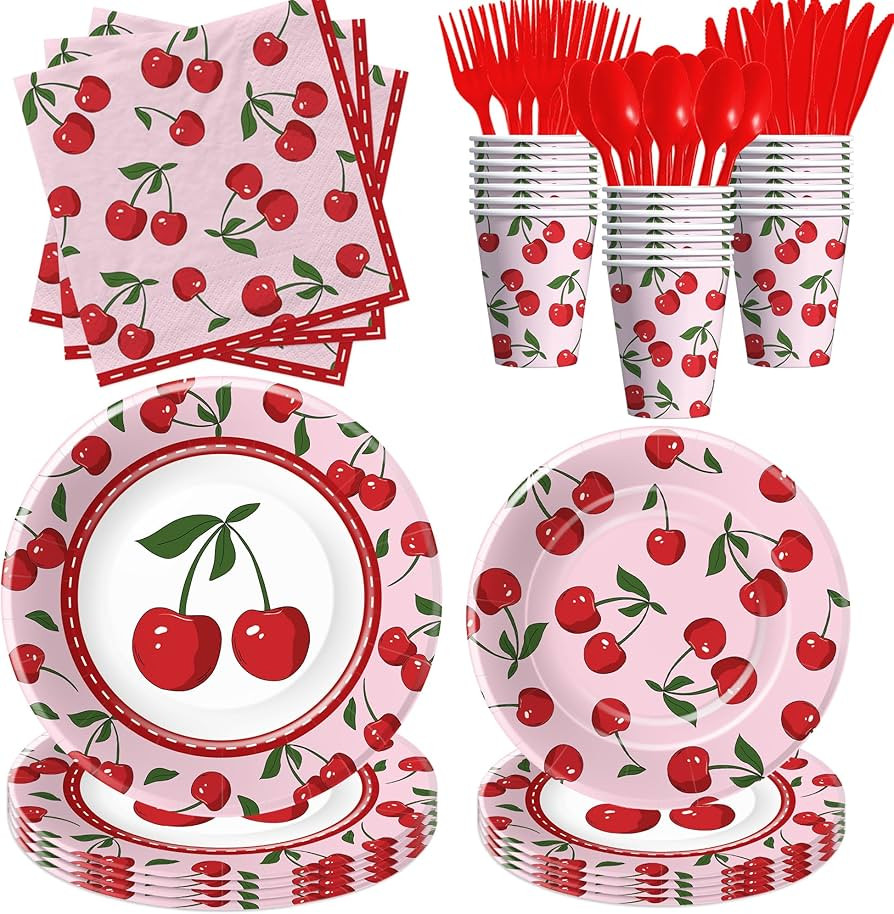 Cherry Birthday Decorations Tableware - Disposable Cherry Party Supplies, Plate, Napkin, Cup, Cut... | Amazon (US)
