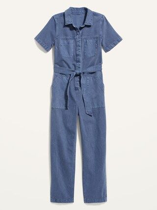 Short-Sleeve Cropped Tie-Belt Utility Non-Stretch Jean Jumpsuit for Women | Old Navy (US)