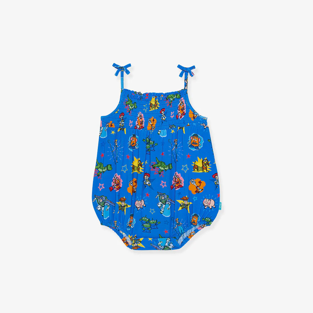 Character Blue Sleeveless Smocked Bubble Romper | Disney Toy Story | Posh Peanut