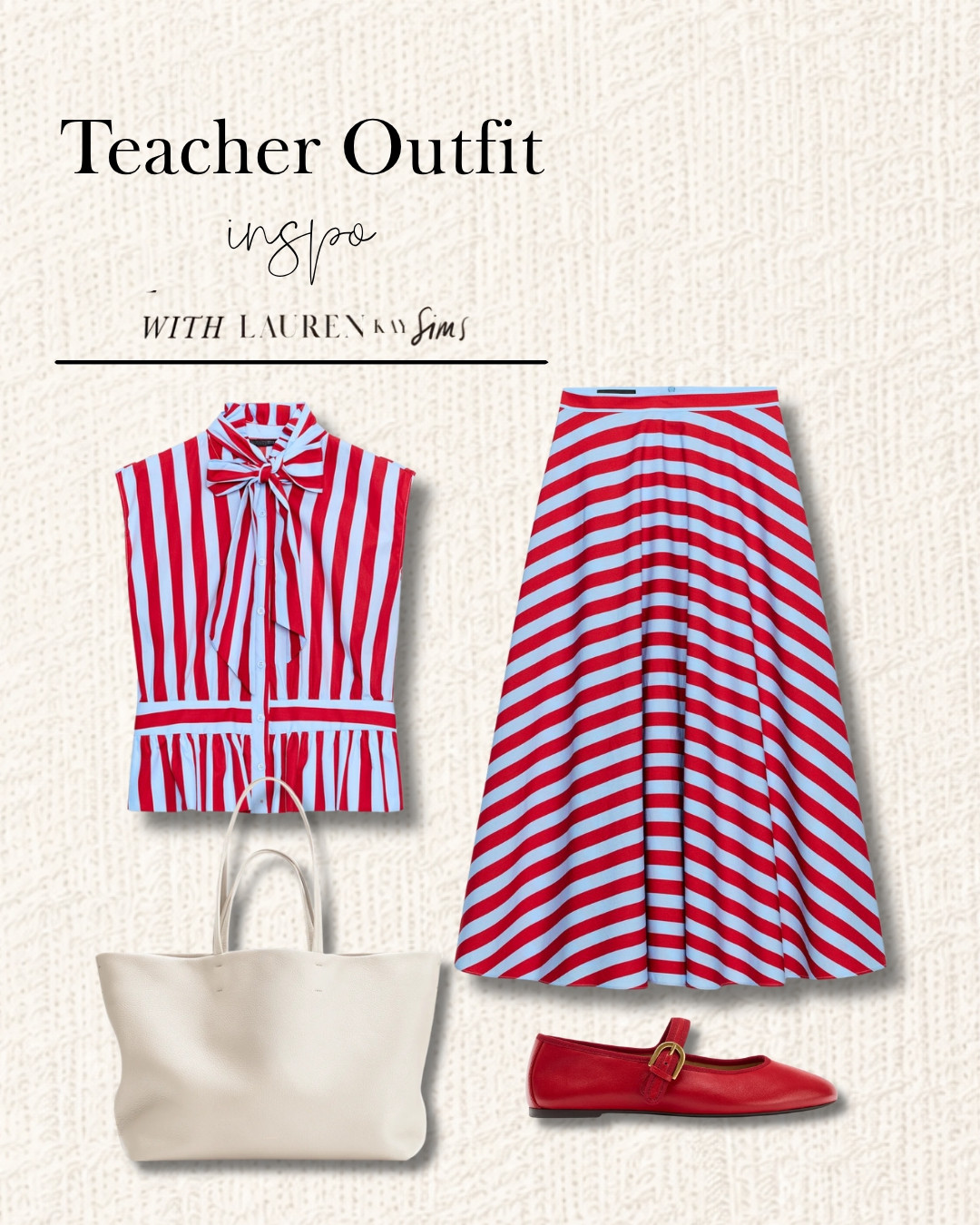 Teacher outfit inspo with a fun pop of color ❤️ 

This red-and-blue striped set paired with red flats and an ecru tote feels polished, playful, and so good for making weekday outfits feel a little more special.   

 #LTKootd #LTKSeasonal #LTKWorkwear