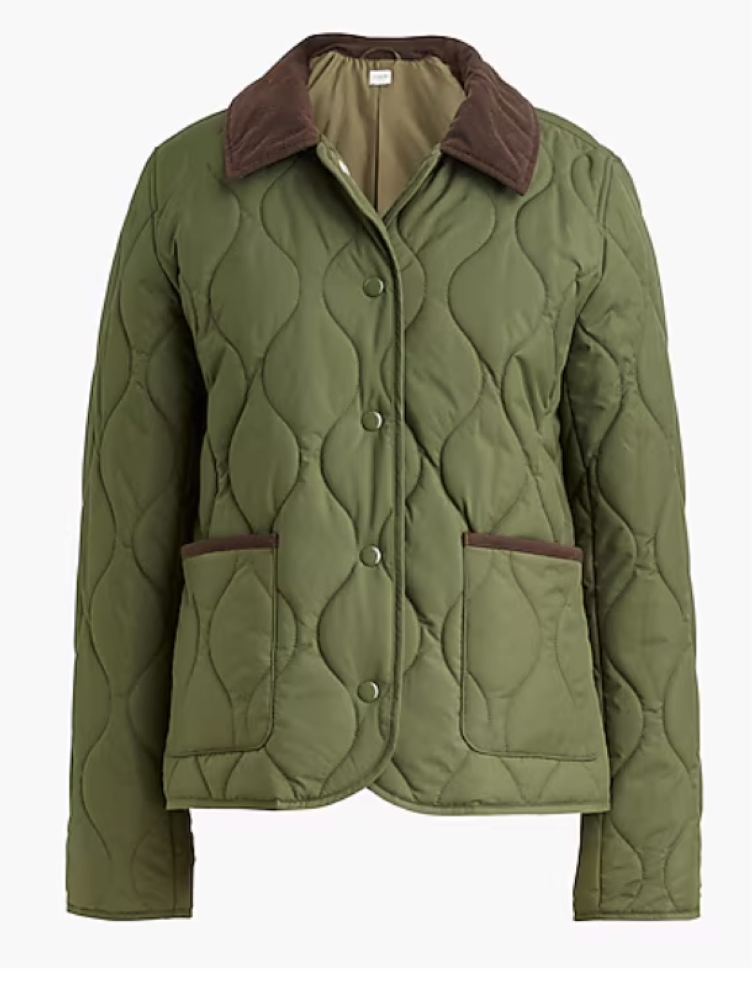 Quilted barn jacket in ‘distressed fatigue’ from jcrew factory 
Moss green / coffee
House of colour / Autumn 

#LTKStyleTip #LTKTravel #LTKFallSale