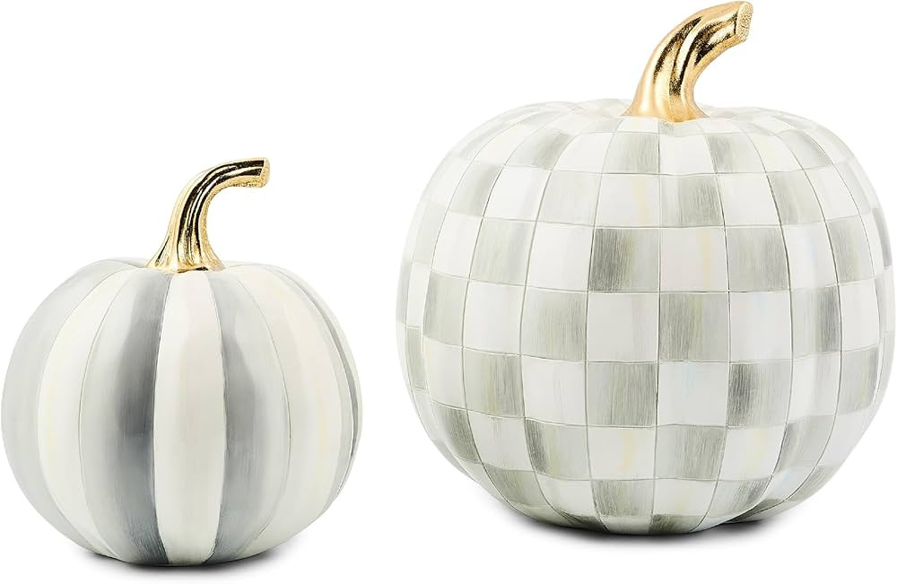 MACKENZIE-CHILDS Set of 2 Pumpkins, Resin Halloween and Fall Decor, Small and Medium, Gray-and-Wh... | Amazon (US)