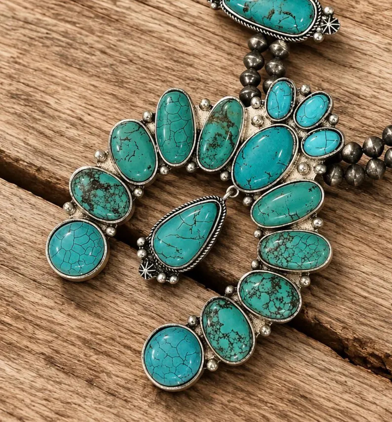 Turquoise Squash Blossom Necklace, Western Statement Necklace, Navajo Style Beaded Necklace 73175... | Etsy (Global)