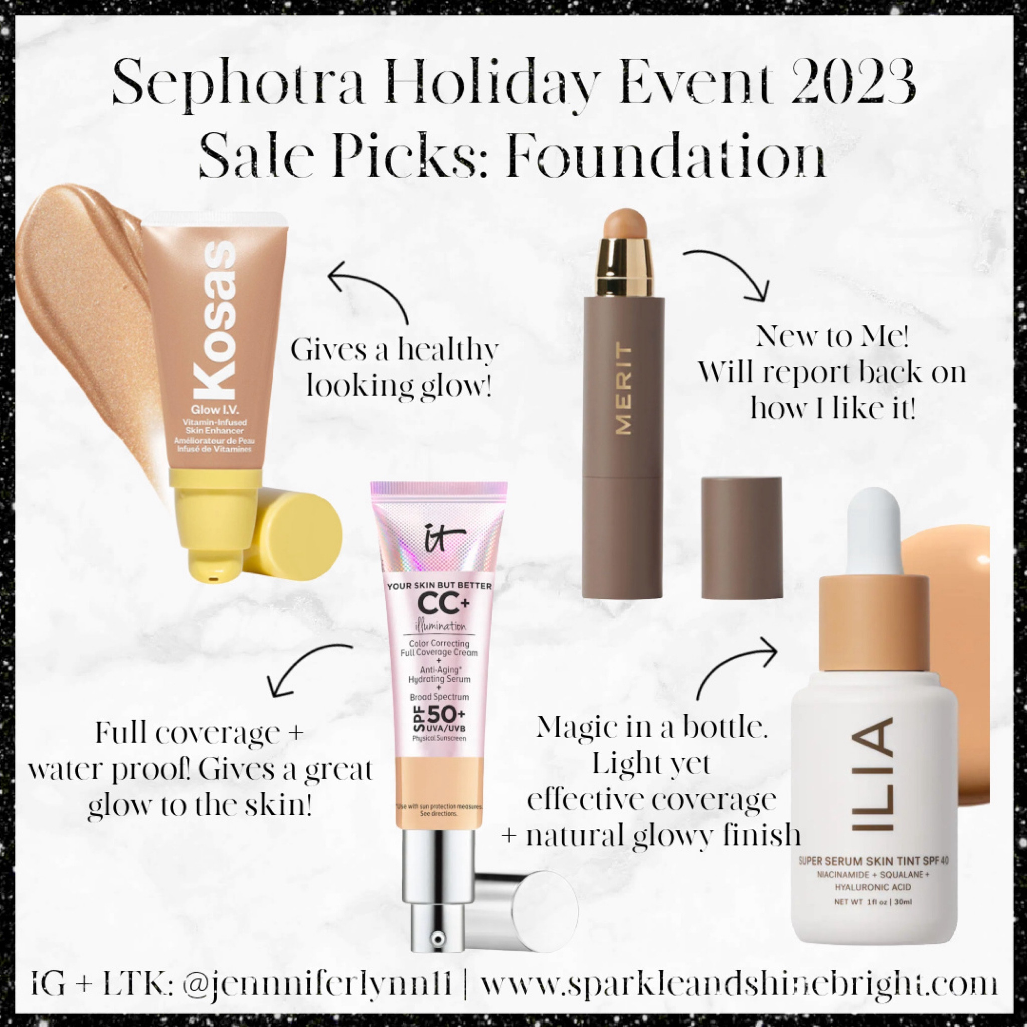 My top foundations that I use + love

Shades: 
 Ilia Skin Tint- Paloma ST9
Kosas glow IV: radiate  IT cosmetics CC+ Cream Illumination with SPF 50+ - medium
Merit: Bisque 

#LTKsalealert #LTKbeauty #LTKHolidaySale