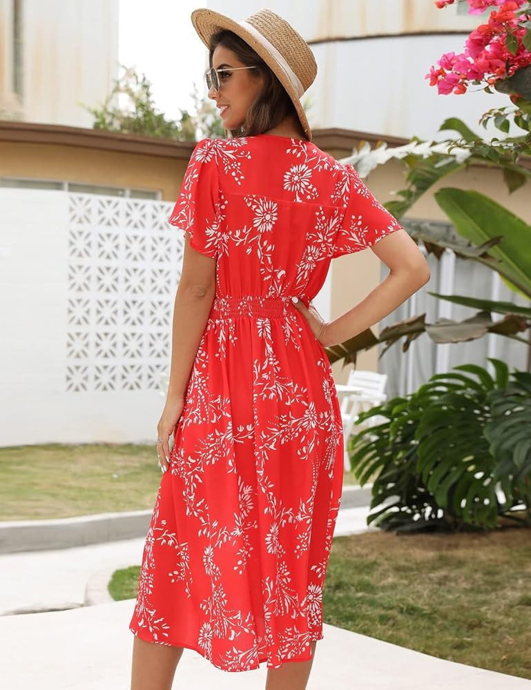 ROYLAMP Women's Floral Button Up Split Dress Deep V Short Bell Sleeve Casual Midi Dress with Pock... | Amazon (US)