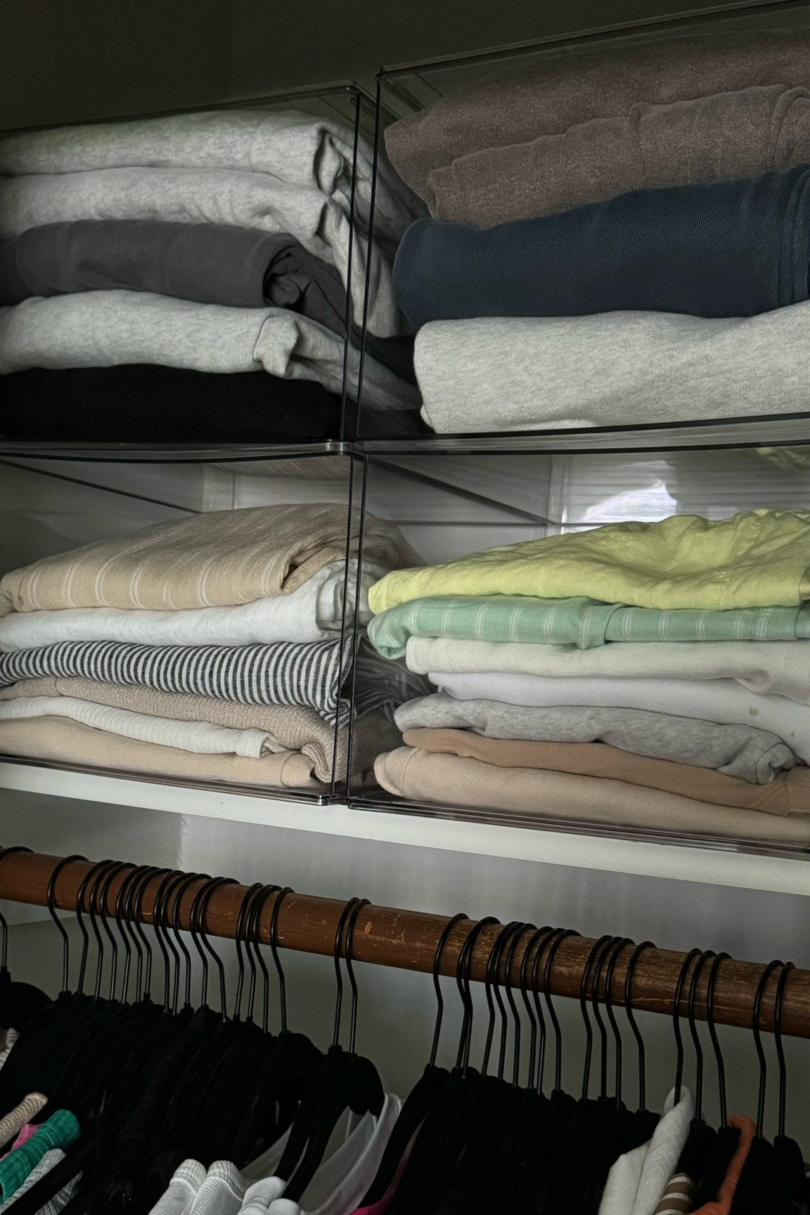 closet organization 

l used these drawers, but instead of keeping it as a "drawer" I took the bin out, stacked them on top of each other so they were open!  so basically you get an open storage shelf, and a bin! 