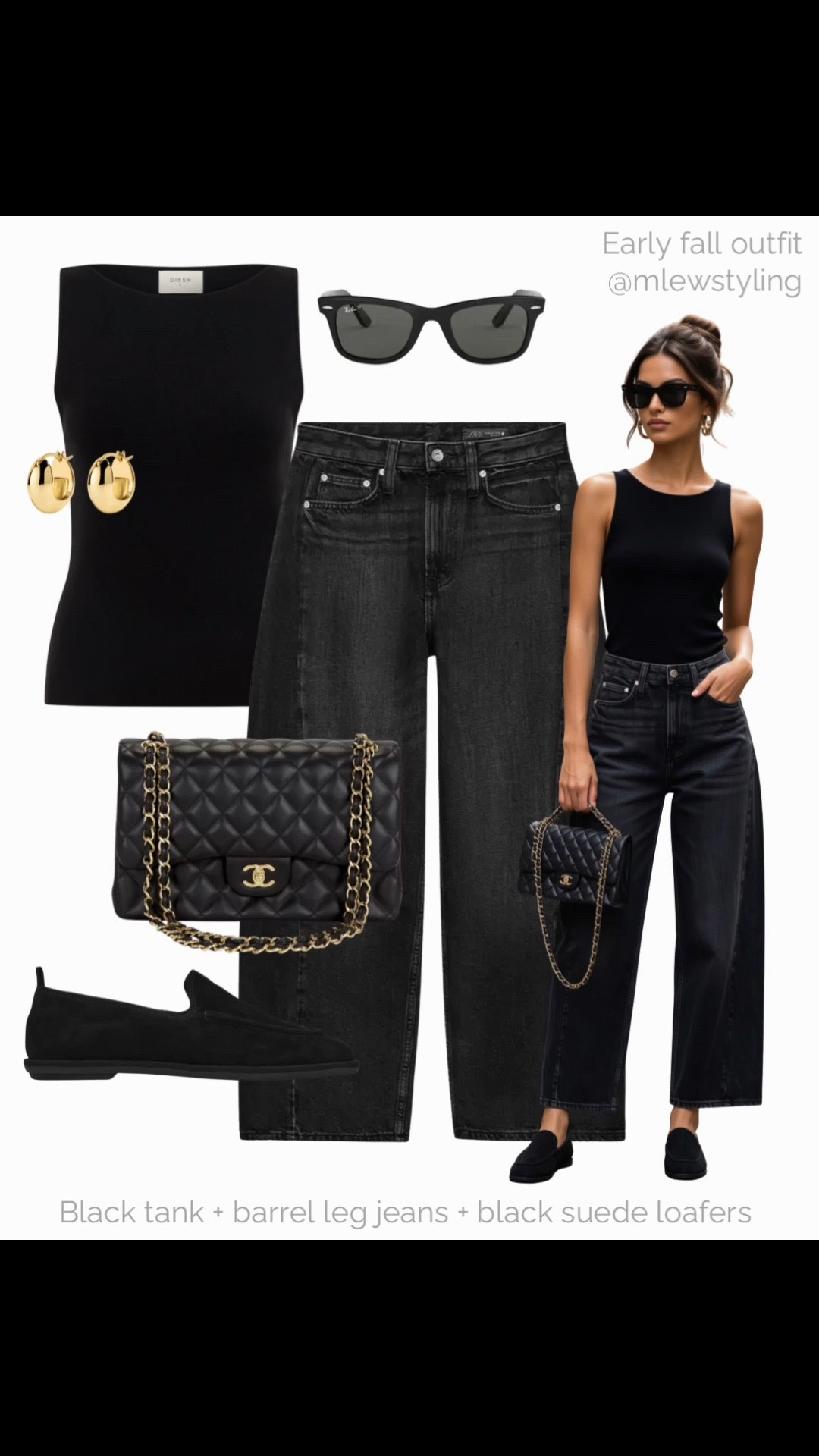 Early fall outfit 〰️

Tags: late summer transitional outfit, black barrel leg jeans, leather loafers, Chanel flap bag, autumn capsule wardrobe, outfit formulas, elevated everyday outfit