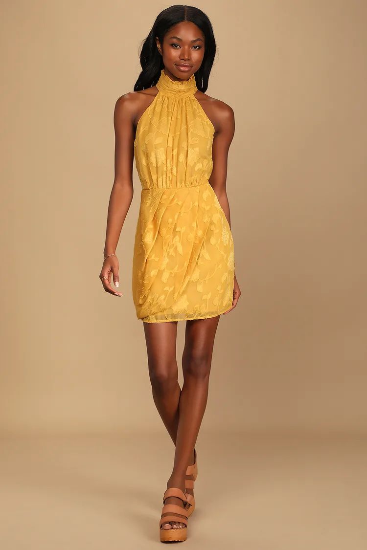 Chic Demeanor Yellow Floral Jacquard Halter Mini Dress | Lulus (US)