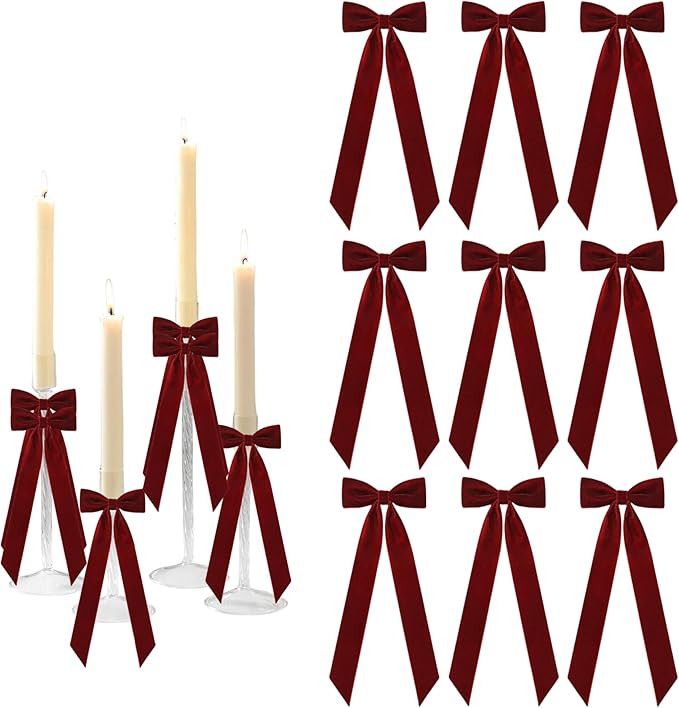 Meseey 12 Pcs Burgundy Candlestick Decoration Bows Candle Holder with 5X13.5 Inch Decorative Velv... | Amazon (US)