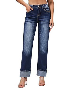 roswear Women’s Straight Leg Jeans High Waisted Boyfriend Stretchy Cuffed Denim Pants | Amazon (US)
