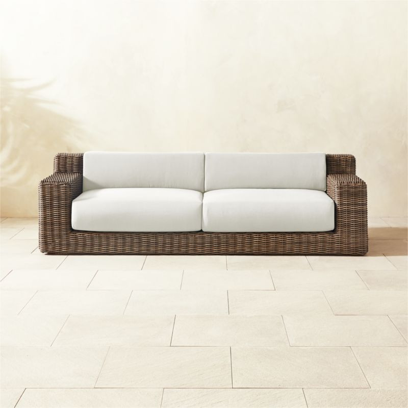Maylin 98" All-Weather Rattan Outdoor Sofa with Warm White Sunbrella Cushions | CB2 | CB2