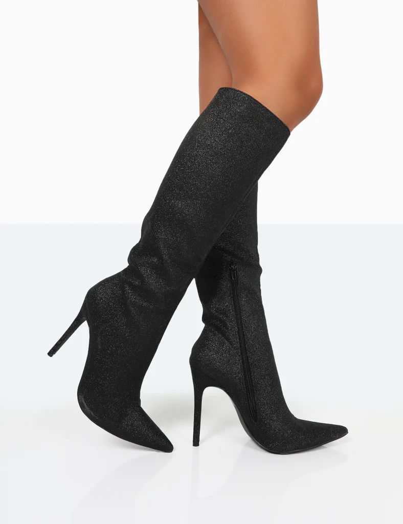 Diva Black Glitter Pointed Toe Stiletto Knee High Boots | Public Desire
